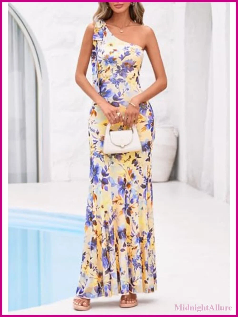 Women's One Shoulder Sleeveless Mesh Bodycon Maxi Dress Floral Mermaid Summer